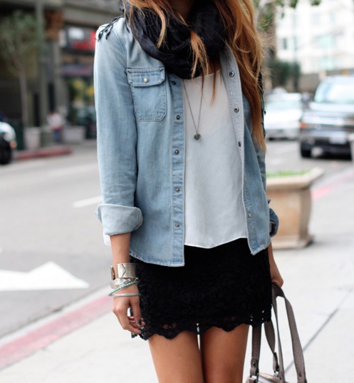 how to wear denim with skirts