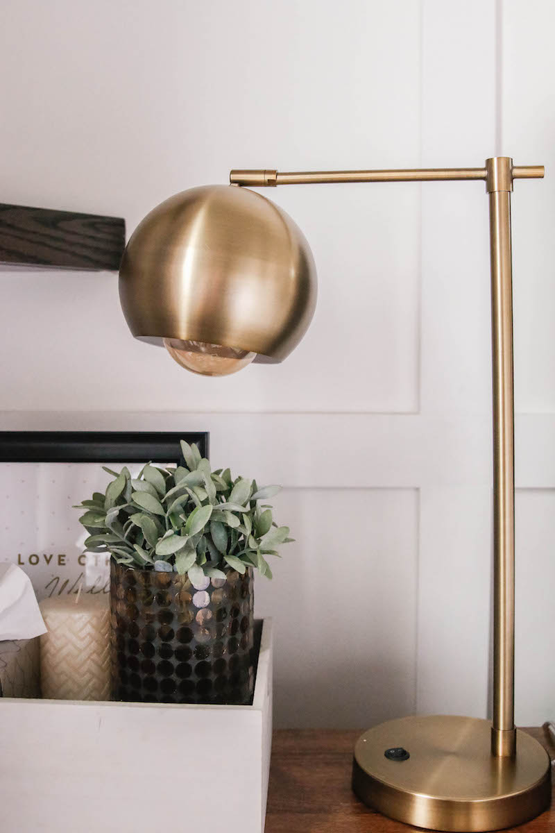 Fixer Upper Style Master Bedroom with Gold Lamps