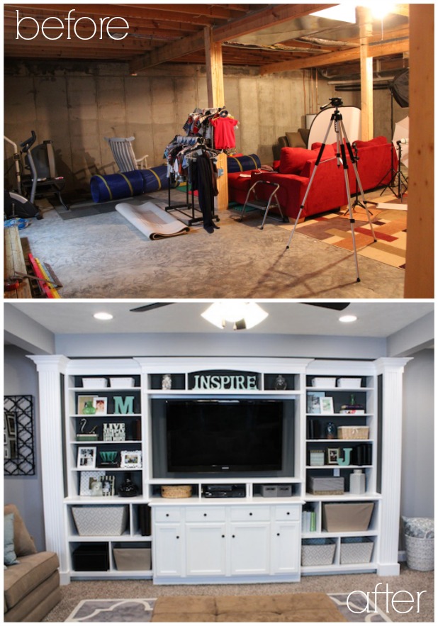 Basement Built In Entertainment Center - Before & After