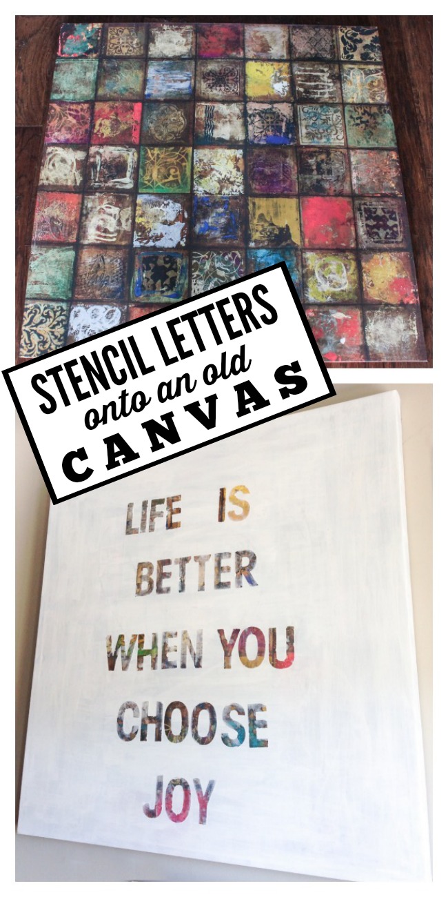 Stencil Letters Onto An Old Canvas Print - Repurpose Canvas Prints